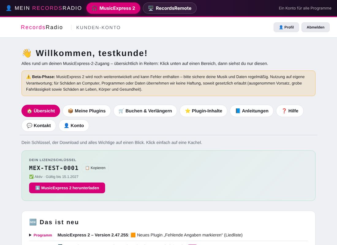 Die Übersicht mit der Leiste „Mein RecordsRadio“, den Reitern und deinem Schlüssel