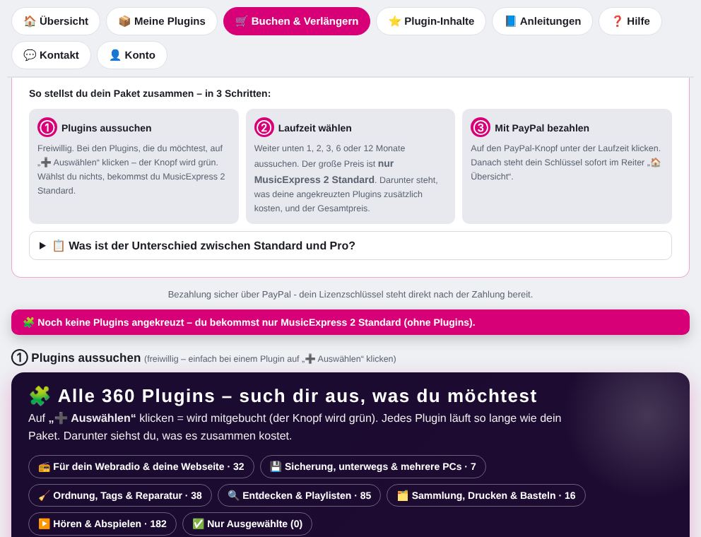 Reiter „🛒 Buchen & Verlängern“: Plugins aussuchen, Laufzeit wählen, bezahlen